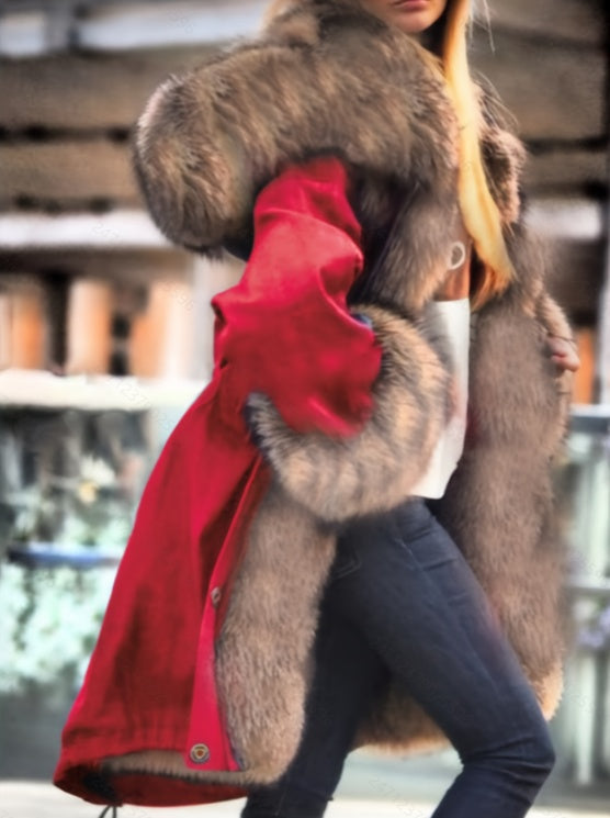 Long-sleeved Oversized Coat With A Fur Collar And Hood