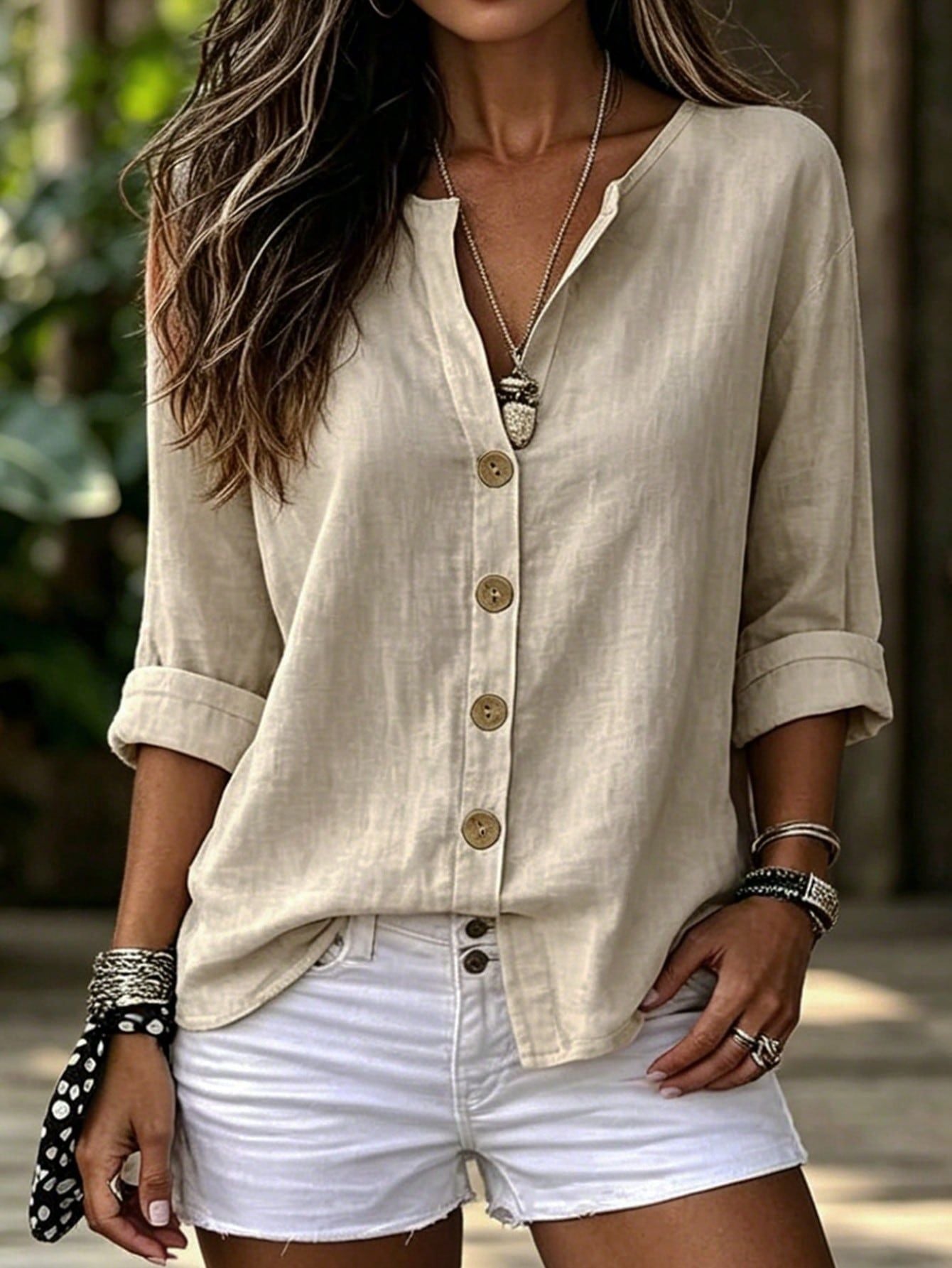 Womens V-neck Cotton-Linen Button-Down T-shirt Top