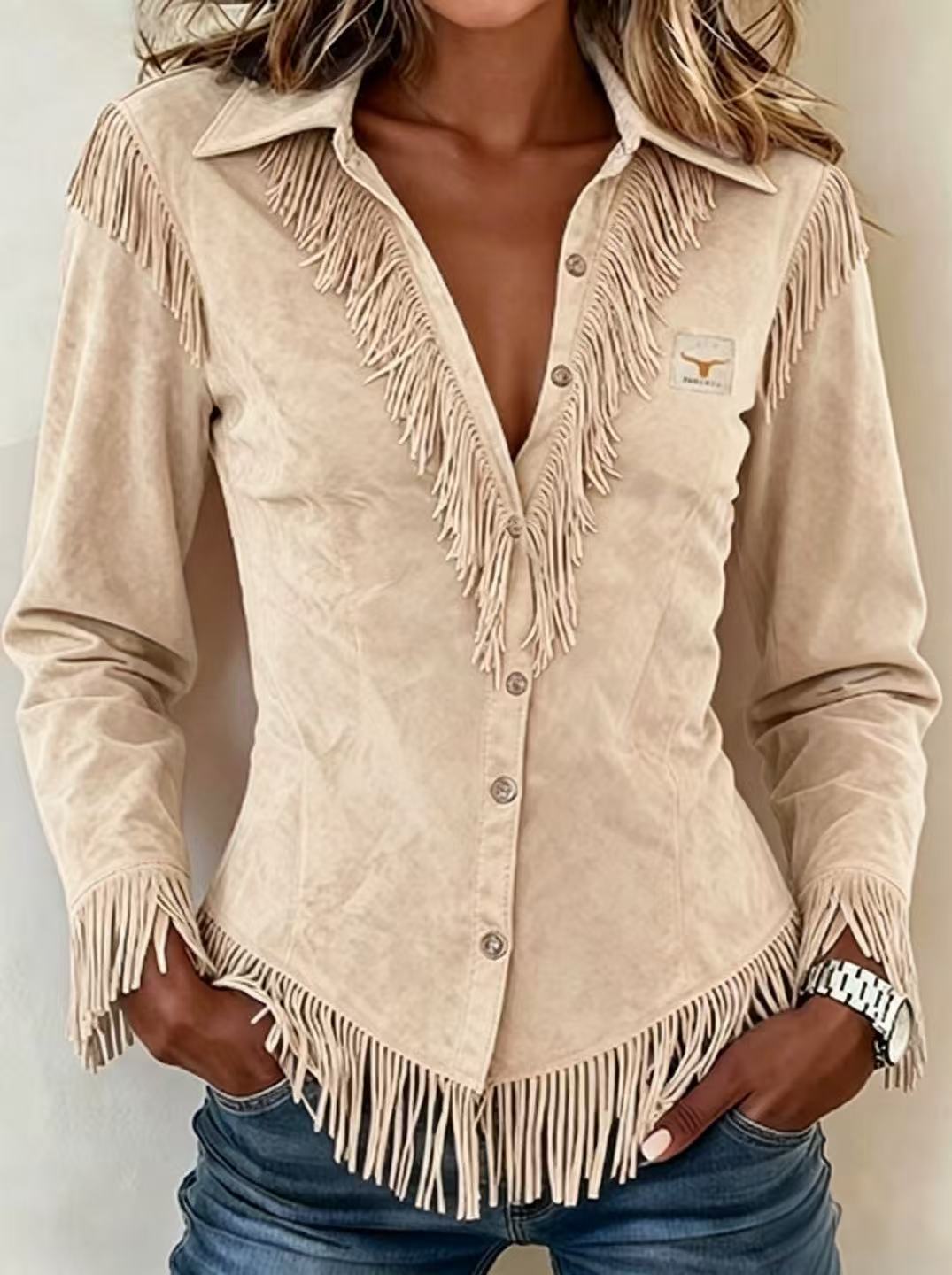 Western Cowboy-Style Suede Fringe Slim-Fit Long-Sleeve Shirt