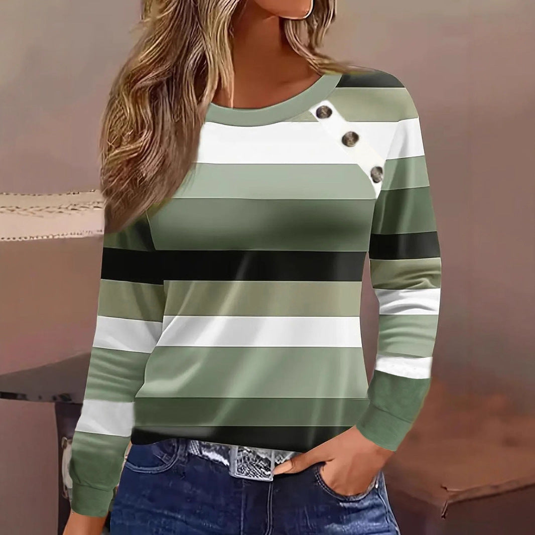 Casual Button Striped Long Sleeve Women's T-shirt
