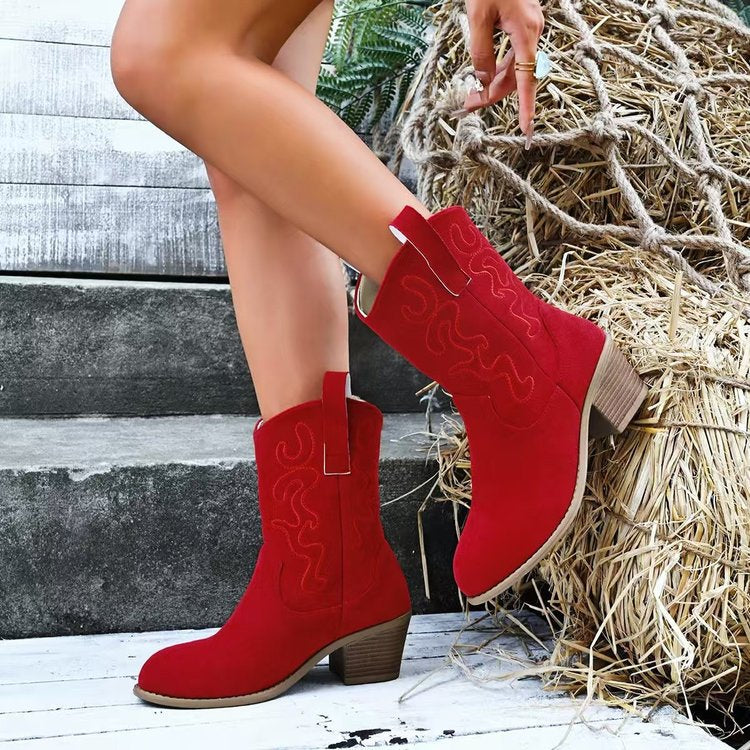 Plus Size Square Heel Round Head V Cut Women's Mid Boots
