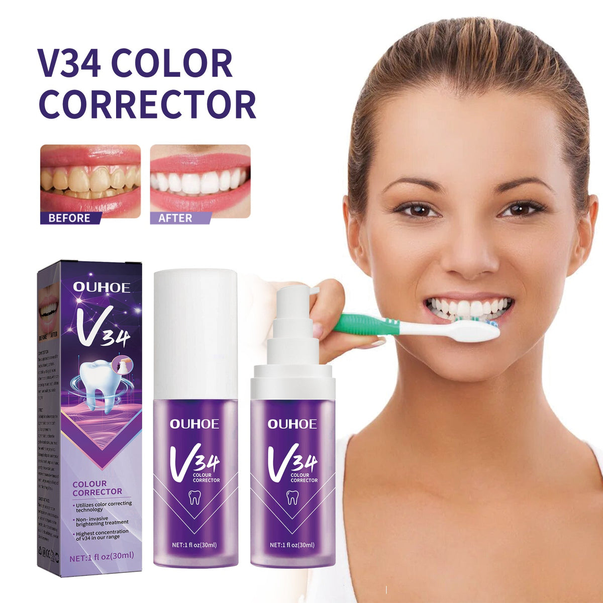 V34 Purple Bright White Toothpaste 30ml  1box