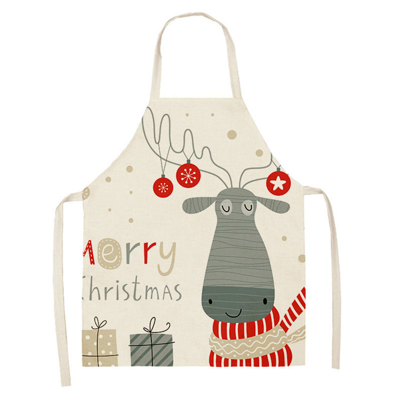 Christmas Deer Art Pattern Female Cleaning Home Cooking Kitchen Apron Chef Ear Cotton Linen