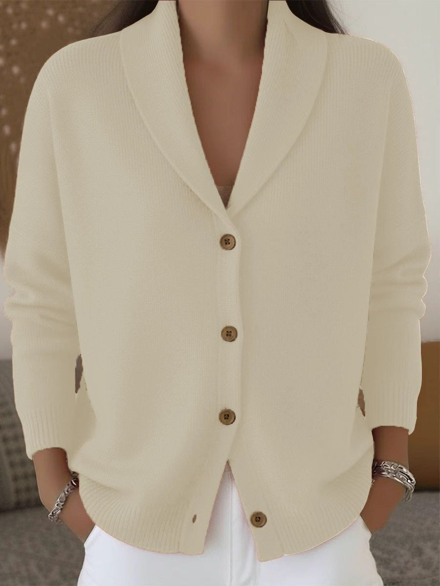 Womens Knitted Cardigan Loose-Fit Lazy Style Soft And Cozy Notch Lapel Solid Color Long-Sleeve Sweater