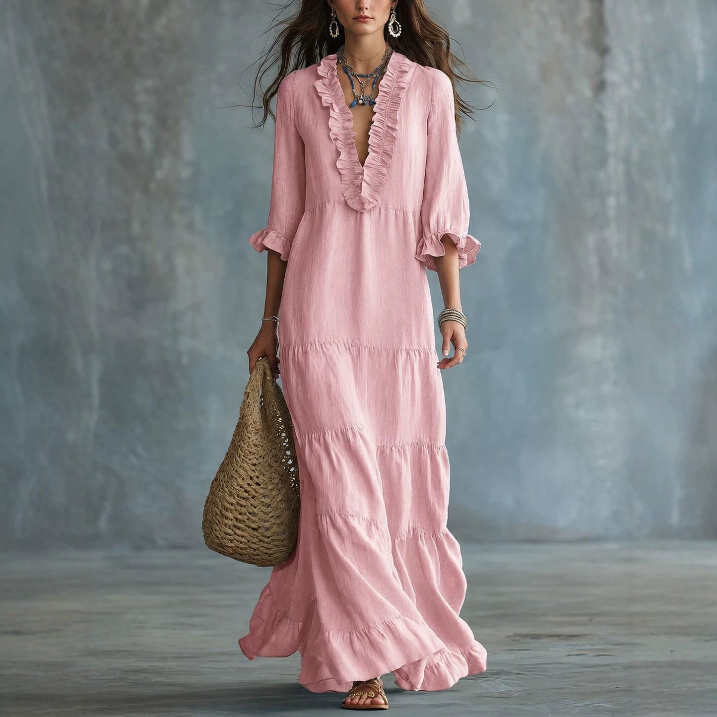 Womens V-neck Layered Casual Flowing Maxi Dress With Ruffled Hem
