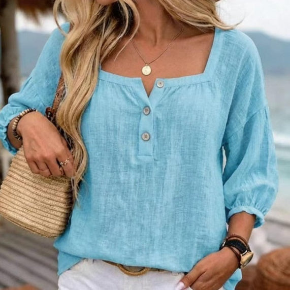 Casual Resort-style Linen Top With Three-quarter Sleeves