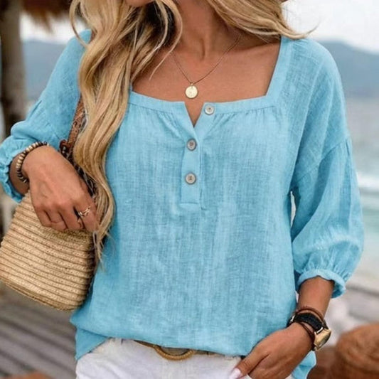 Casual Resort-style Linen Top With Three-quarter Sleeves