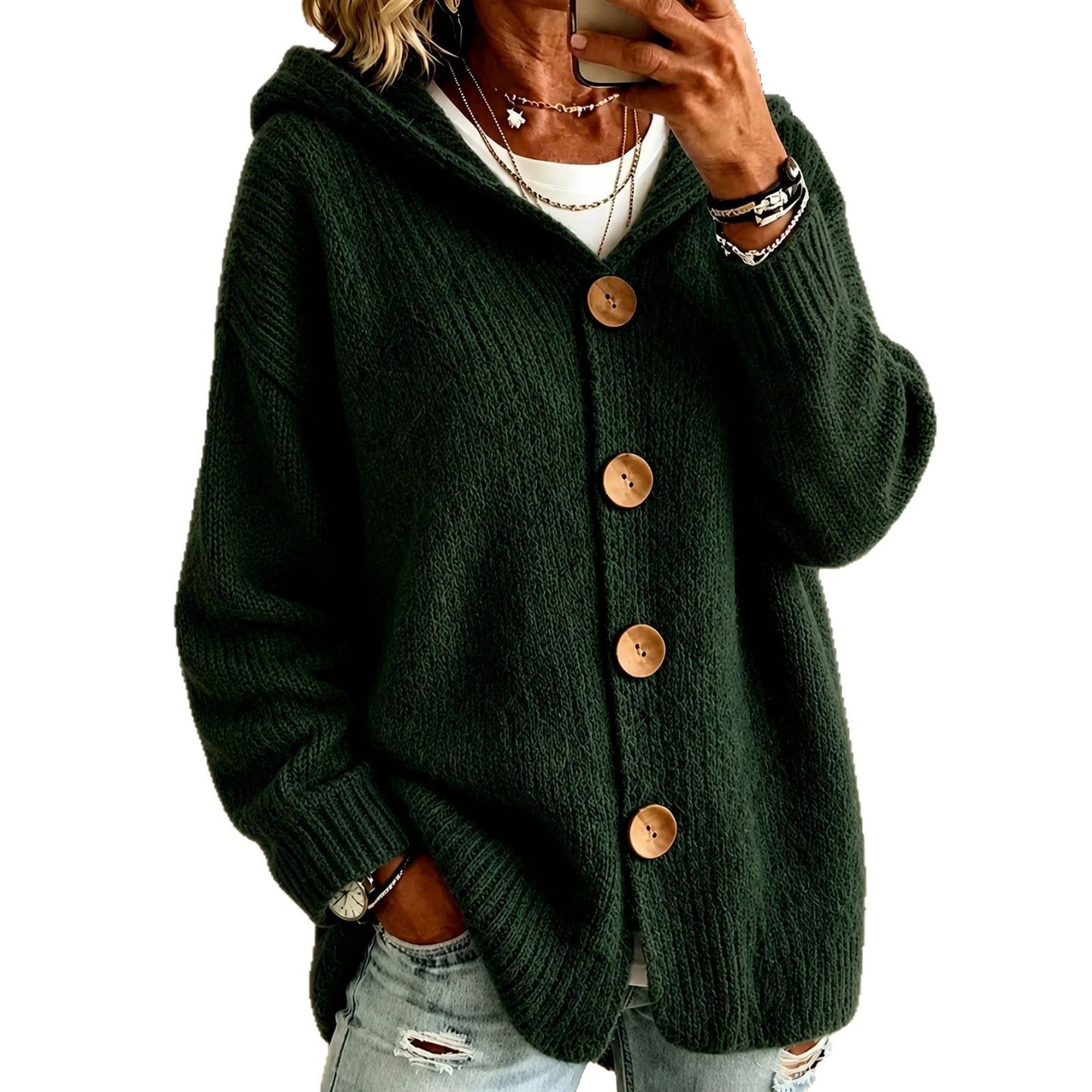 Hooded Cardigan Sweater Jacket With Four Buttons