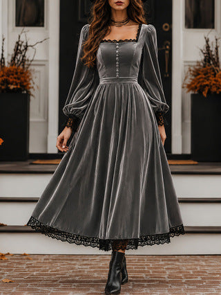 Square-neck Lace-panel Velvet Dress