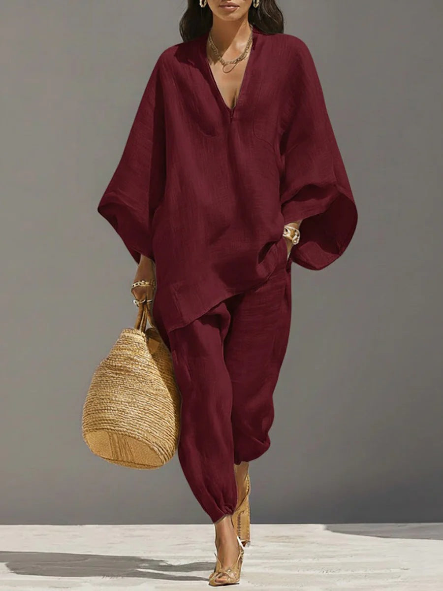 Women's Casual Loose Solid Color Shirt Set