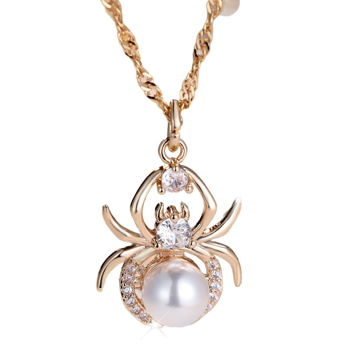 Champagne Gold Round White Diamond Pearl Spider Necklace