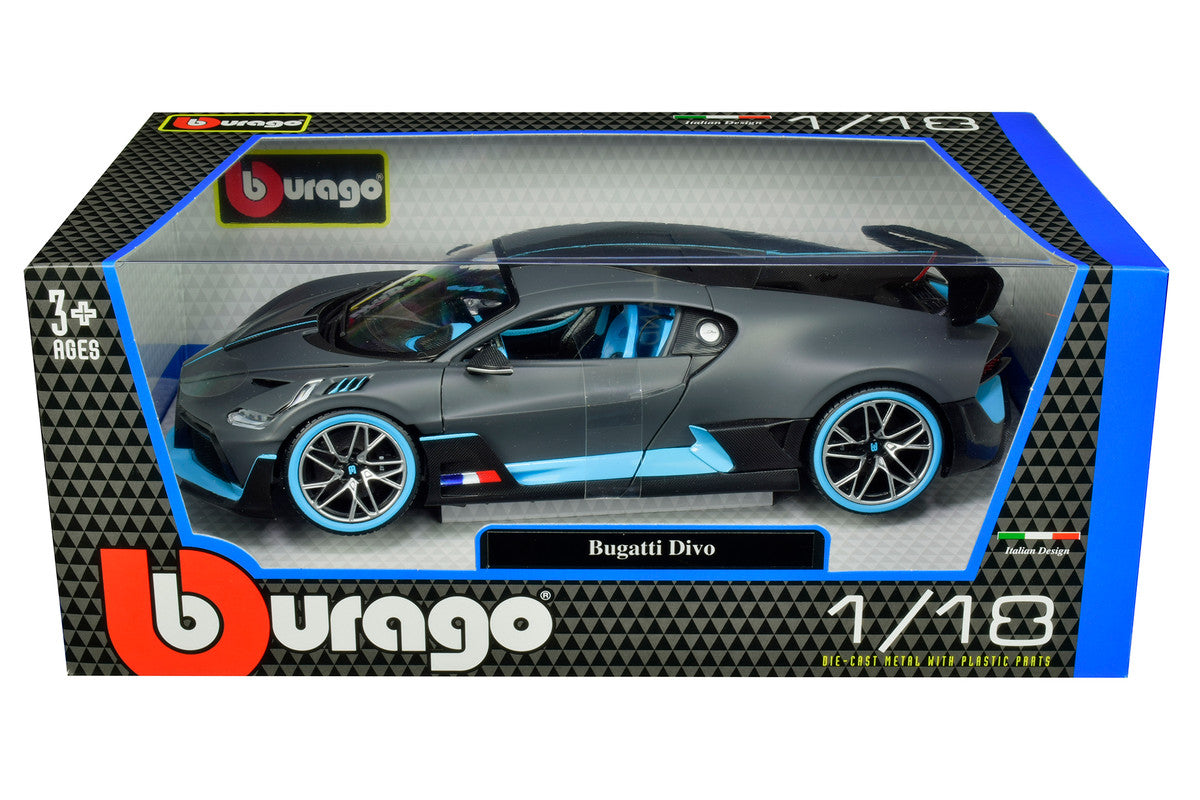 Bugatti Divo Matt Gray with Blue Accents 1/18 Diecast Model Car by Bburago