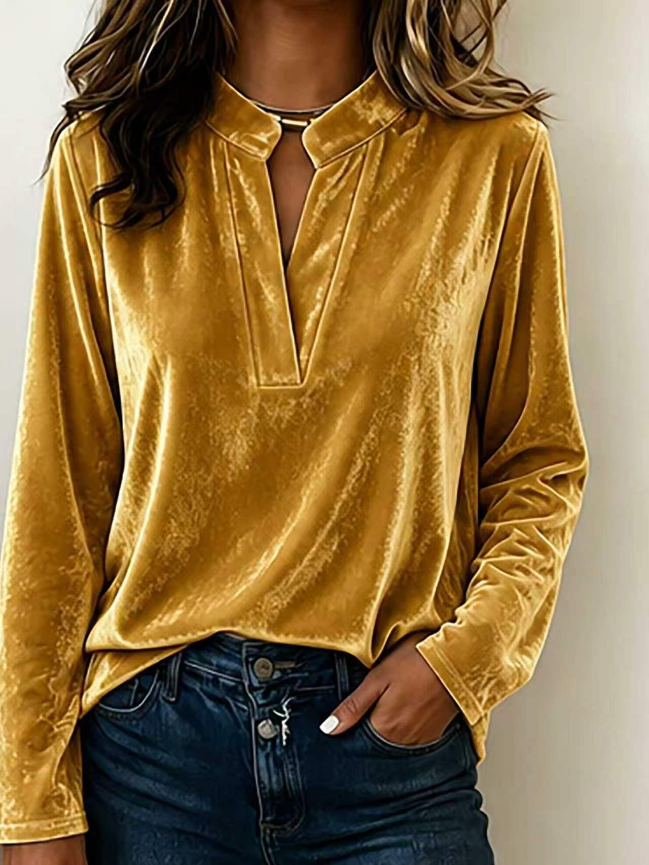 Solid-color V-neck New Womens Top