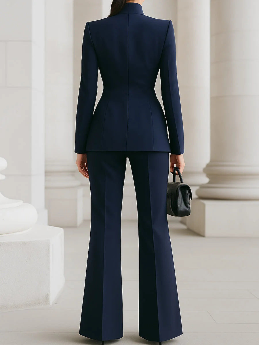 2026 European And American Women's Fashion Independent Long-Sleeve Solid Color Pocket Single-Button Blazer And  Long Suit Pants Two-Piece Set