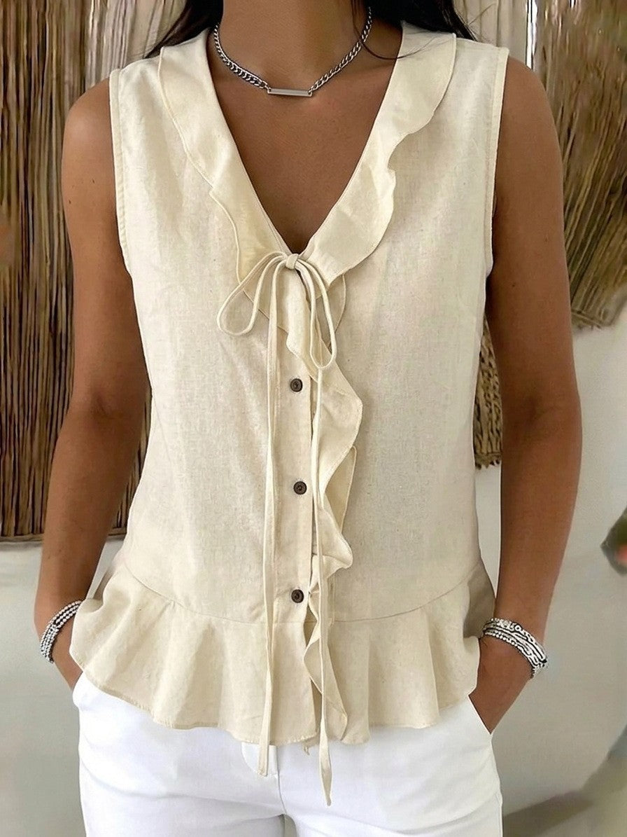 Women's Casual V-Neck Ruffle Trim Sleeveless Top