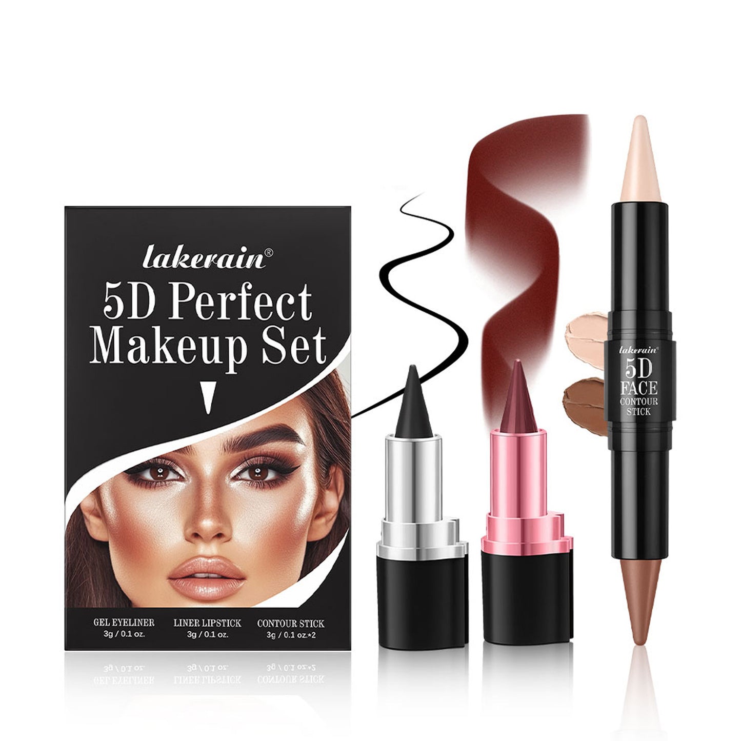 3 PCs Lipstick Lip Liner Eyeliner Highlight Contour Stick Suit 5D Face Makeup Set Suit