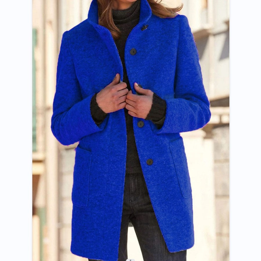 New Retro Solid Color Buttoned Turtleneck Wool Coat