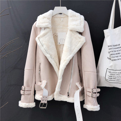 Lamb Wool Jacket, Thick Suede Leather Motorcycle Coat