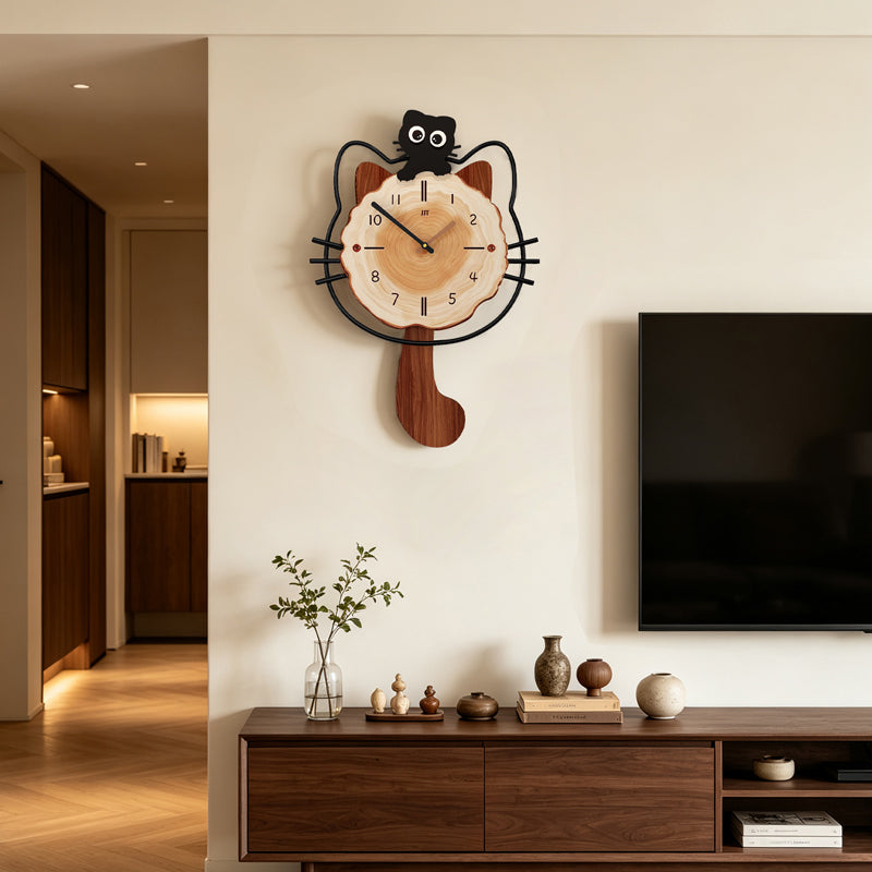 Modern Kitty Wall Clock Cartoon Wooden Hanging Decor For Bedroom
