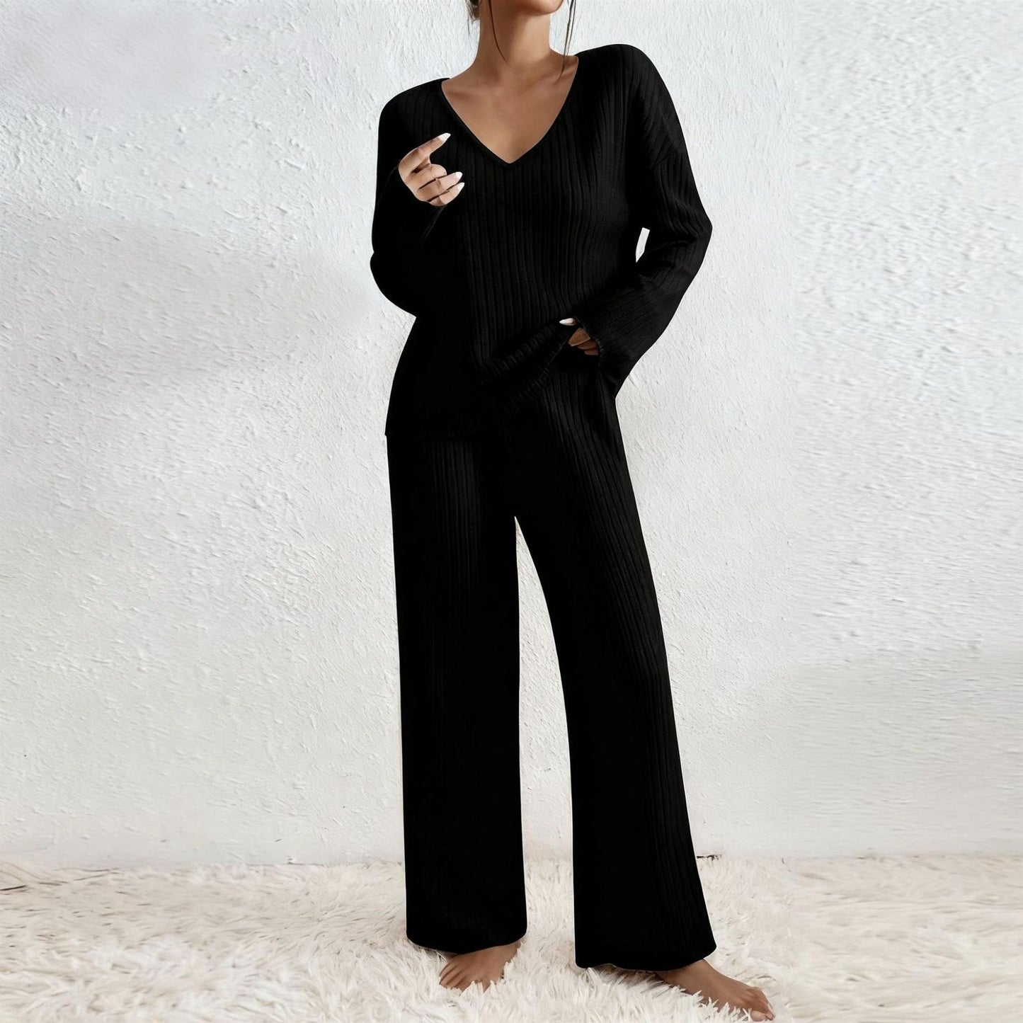Long Sleeve V-neck Knitted Sunken Stripe Brushed Loose Leisure Suit