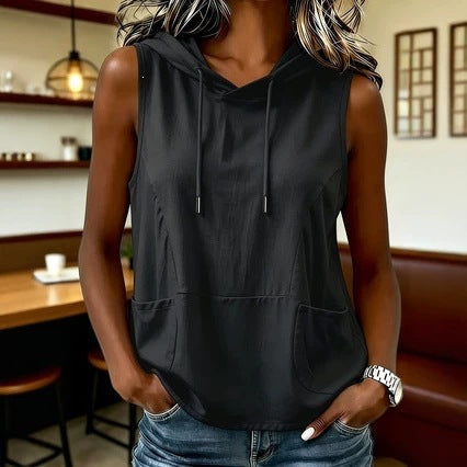 Fashionable Casual Solid-color Hooded Sleeveless Top T-shirt Vest