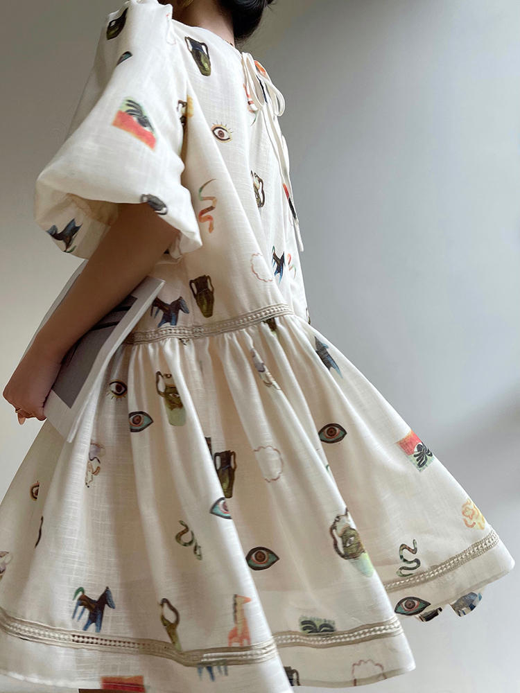 Women's Lace Retro Loose French Print Puff Sleeve Dress