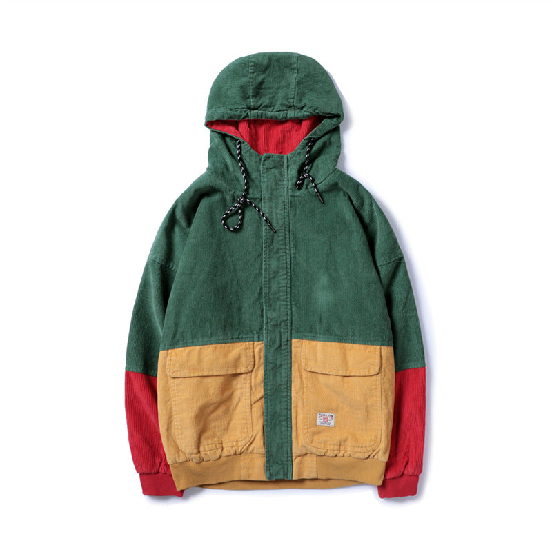 Corduroy Hip-Hop Patchwork Hooded Jacket for Couples