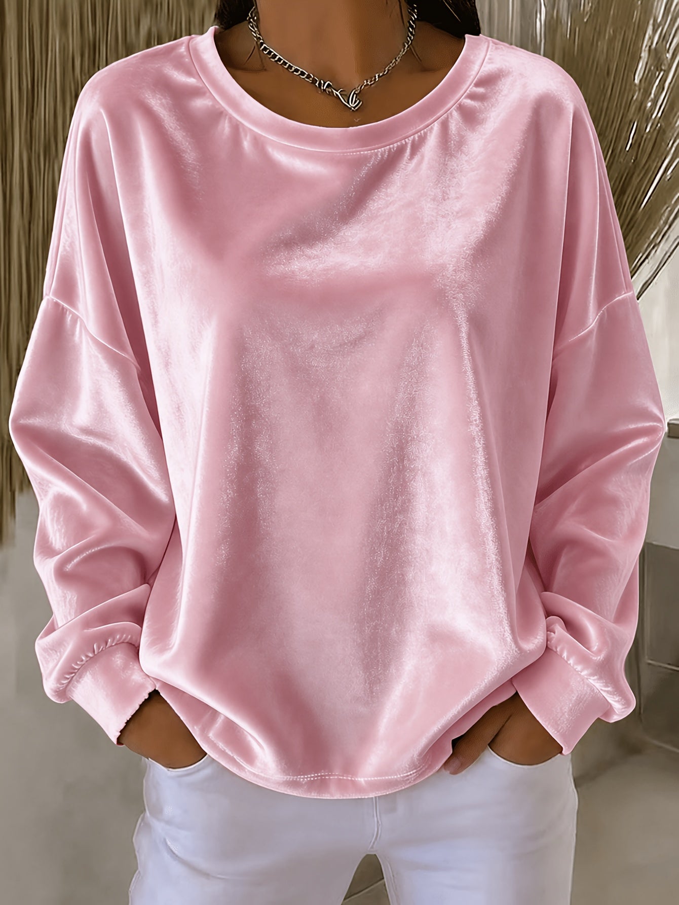Casual Round-neck Velvet Solid-color Long-sleeve Shirt