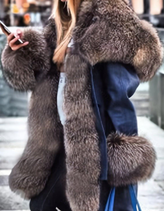 Long-sleeved Oversized Coat With A Fur Collar And Hood