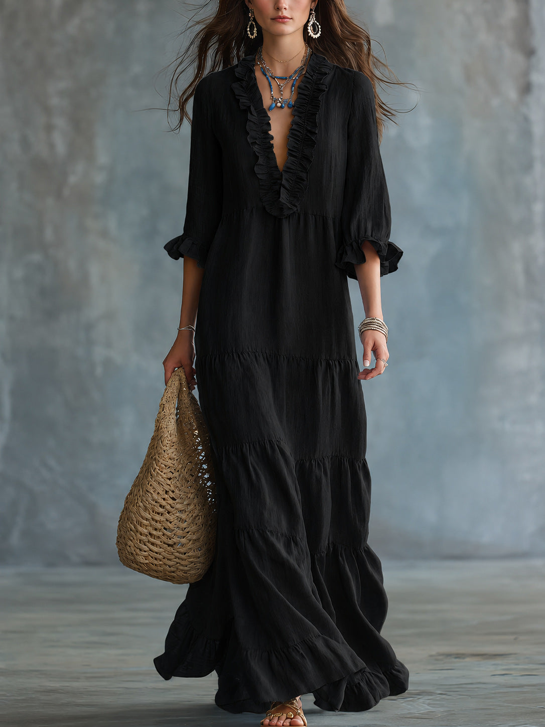 Womens V-neck Layered Casual Flowing Maxi Dress With Ruffled Hem