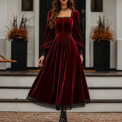 Square-neck Lace-panel Velvet Dress