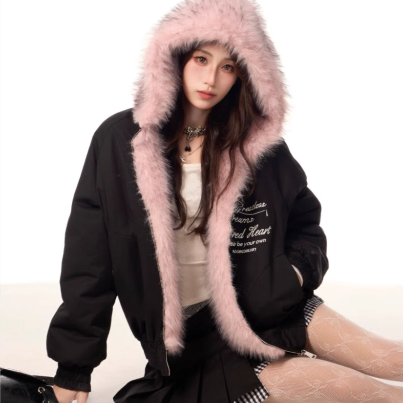 Vintage Plush Hooded Reversible Cotton-padded Coat