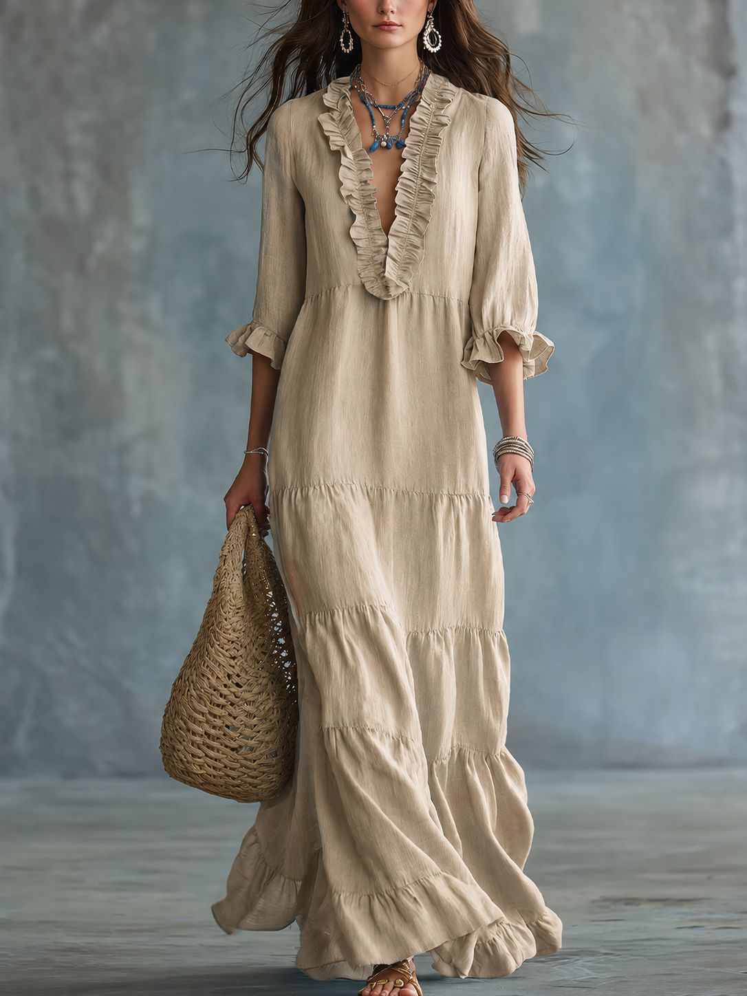 Womens V-neck Layered Casual Flowing Maxi Dress With Ruffled Hem