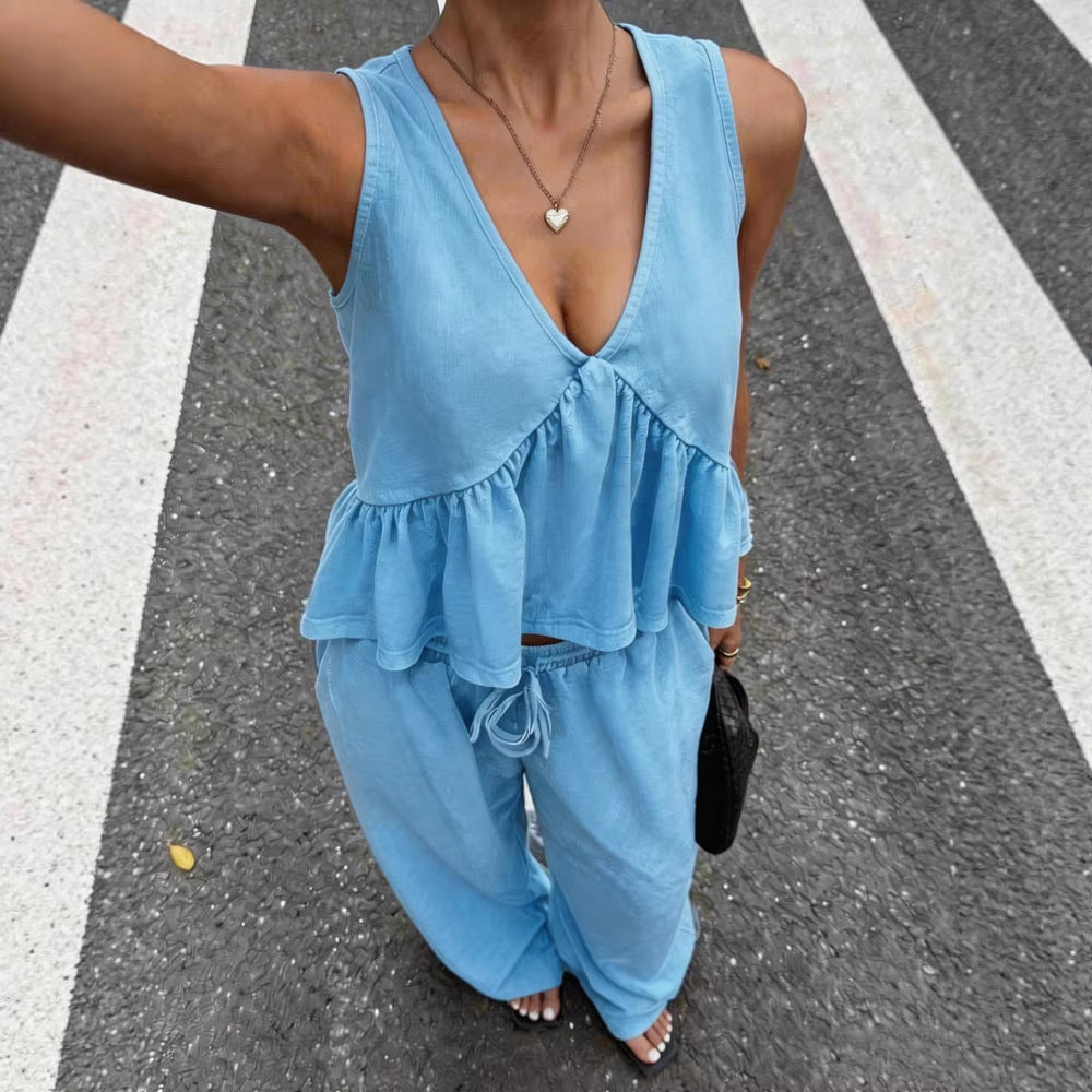 Women's Casual V-Neck Sleeveless Top And Pants Set