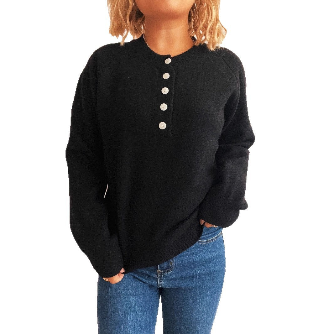 Women's Solid Color Buttons Casual Knitted Round Neck Long Sleeve Warm Sweater