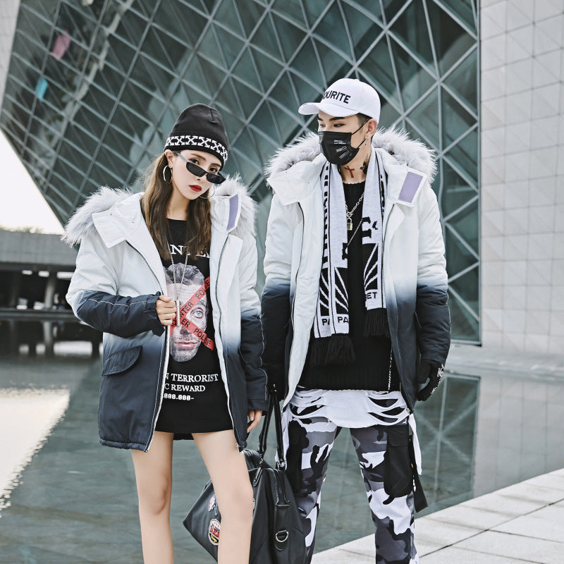 Gradient Cotton Jacket with Large Fur Collar for Couples
