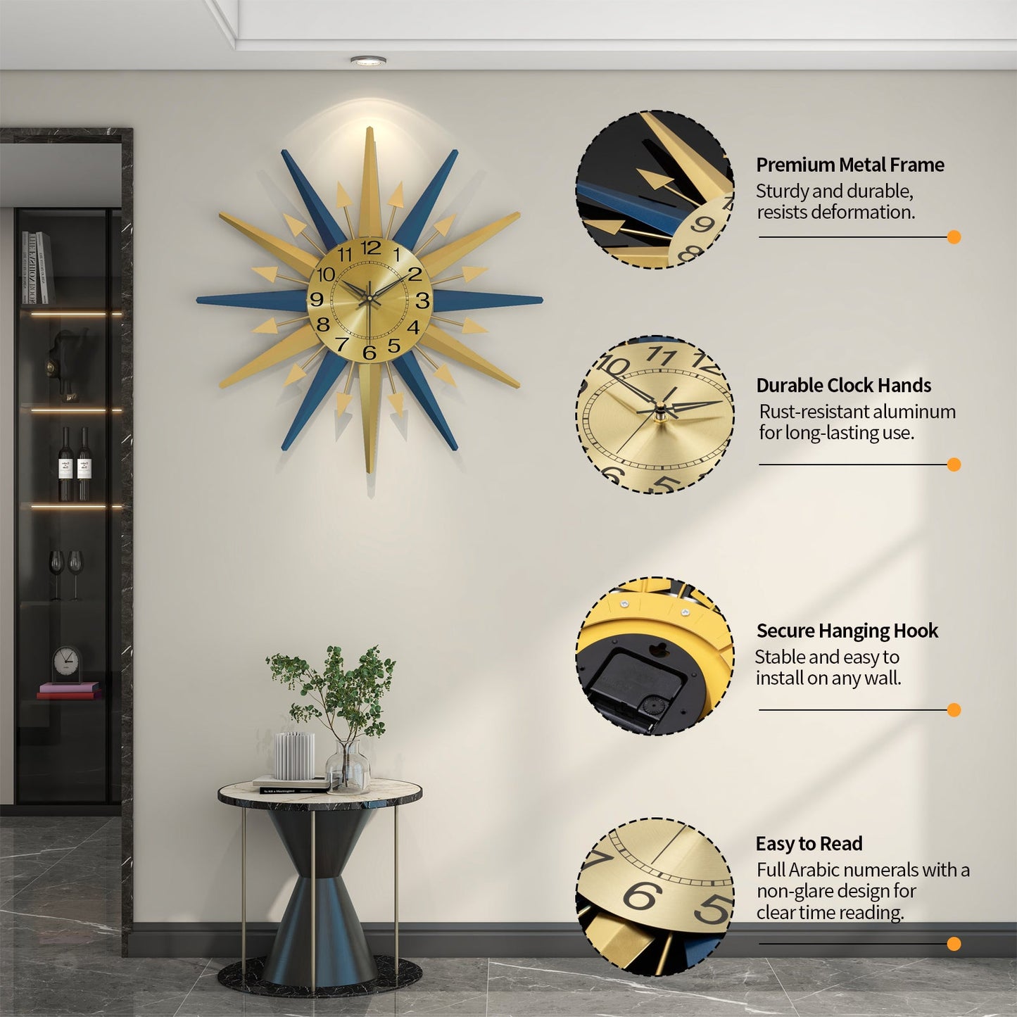 Sunburst Wall Clock Metal Modern Decorative Home Decor