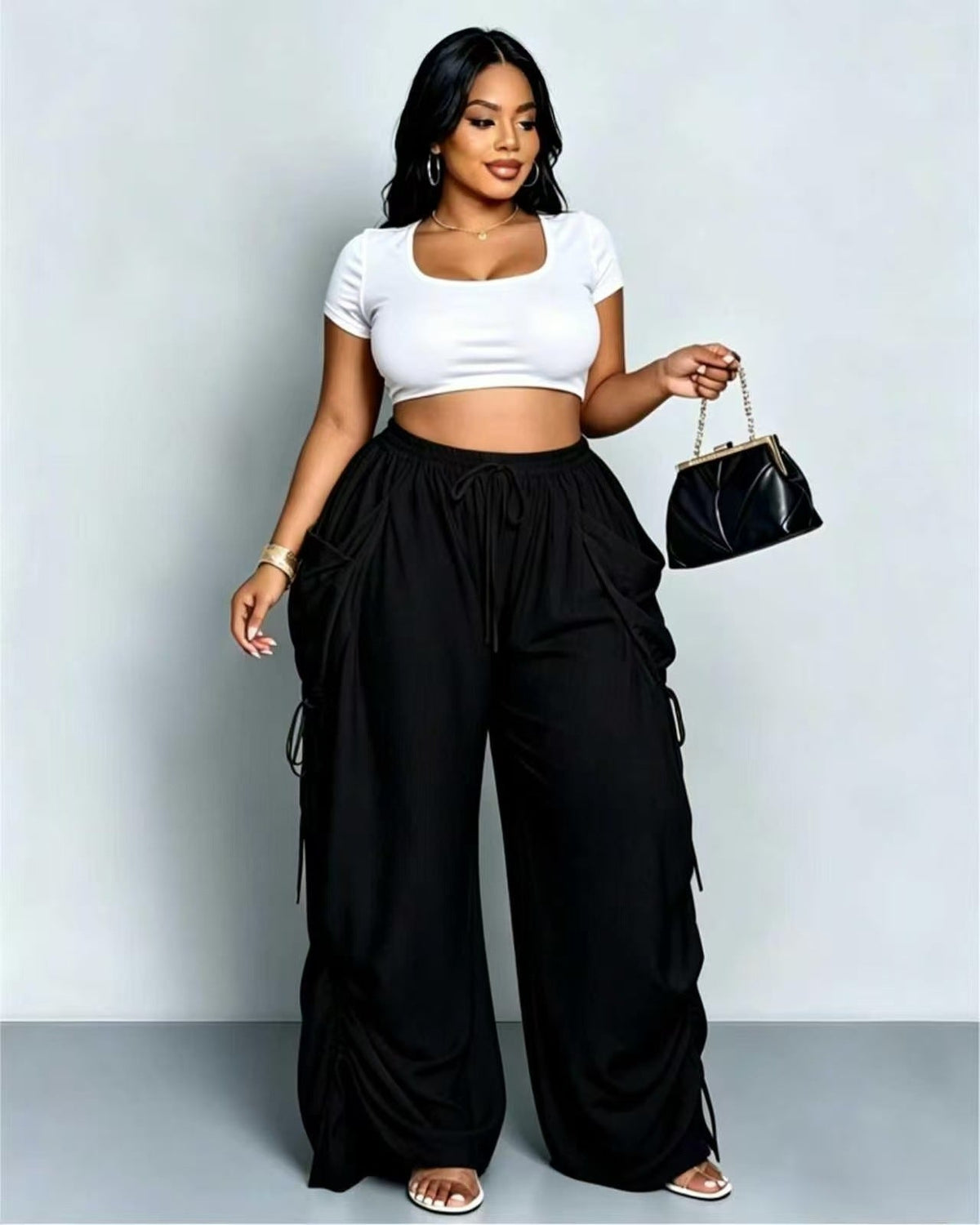 Retro Punk-style Drawstring Pleated High-waisted Wide-leg Pants