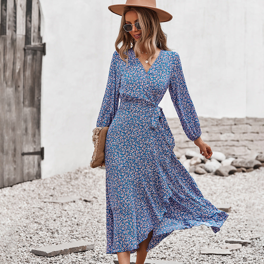 Autumn And Winter Floral Dress With Chest Wrap And Tie Large Swing Skirt Leisure Holiday Style