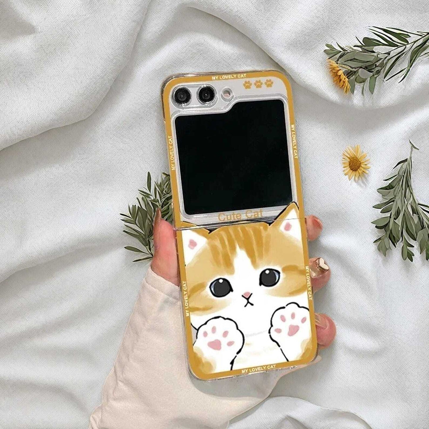 Cute Cartoon Cat Clear Case for Samsung Galaxy Z Flip 7 6/5/4/3 - Hard Shockproof Cover with Fun Design and Durable Protection