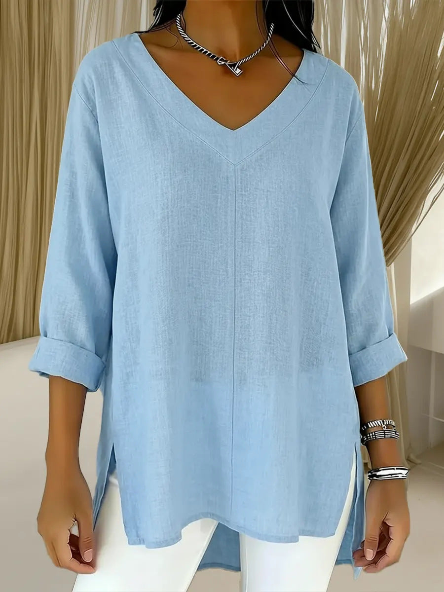 Street-style Solid-color V-neck Loose-fitting Top