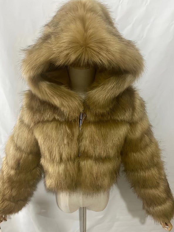 Short Hooded Faux Fur Long Sleeve Coat