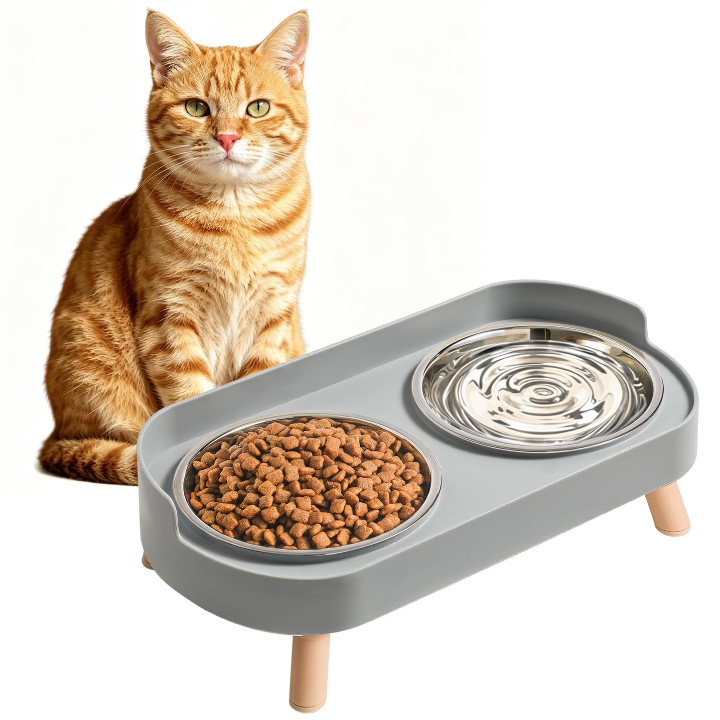 Elevated Cat Bowls Set - Raised Cat Food And Water Bowl Set With Non Slip Stand - Pet Feeding Station With 2 Stainless Steel Bowls