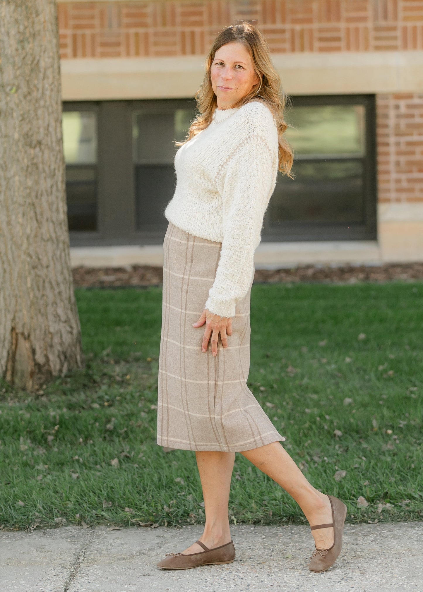 Calista Plaid Wool Midi Pencil Skirt