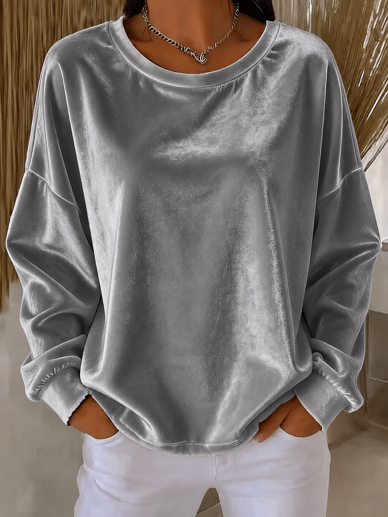 Casual Round-neck Velvet Solid-color Long-sleeve Shirt