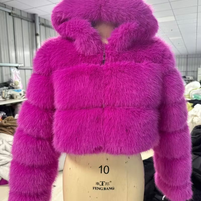 Short Hooded Faux Fur Long Sleeve Coat