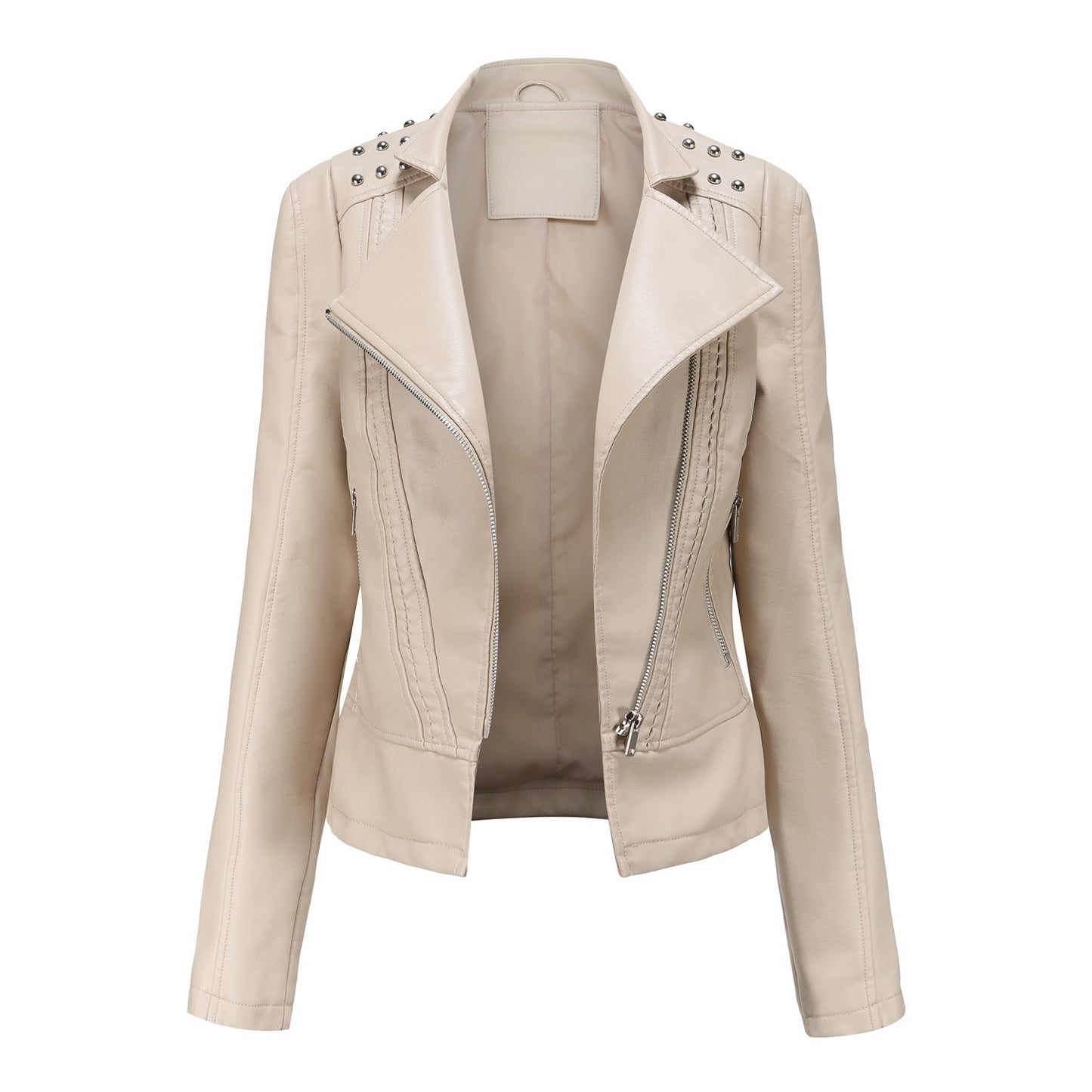 Women's Beaded Faux Leather Jacket - Long Sleeve Street Fashion Motorcycle Coat (Black/Red/Purple/Pink/Camel/Beige, XS-XXL)