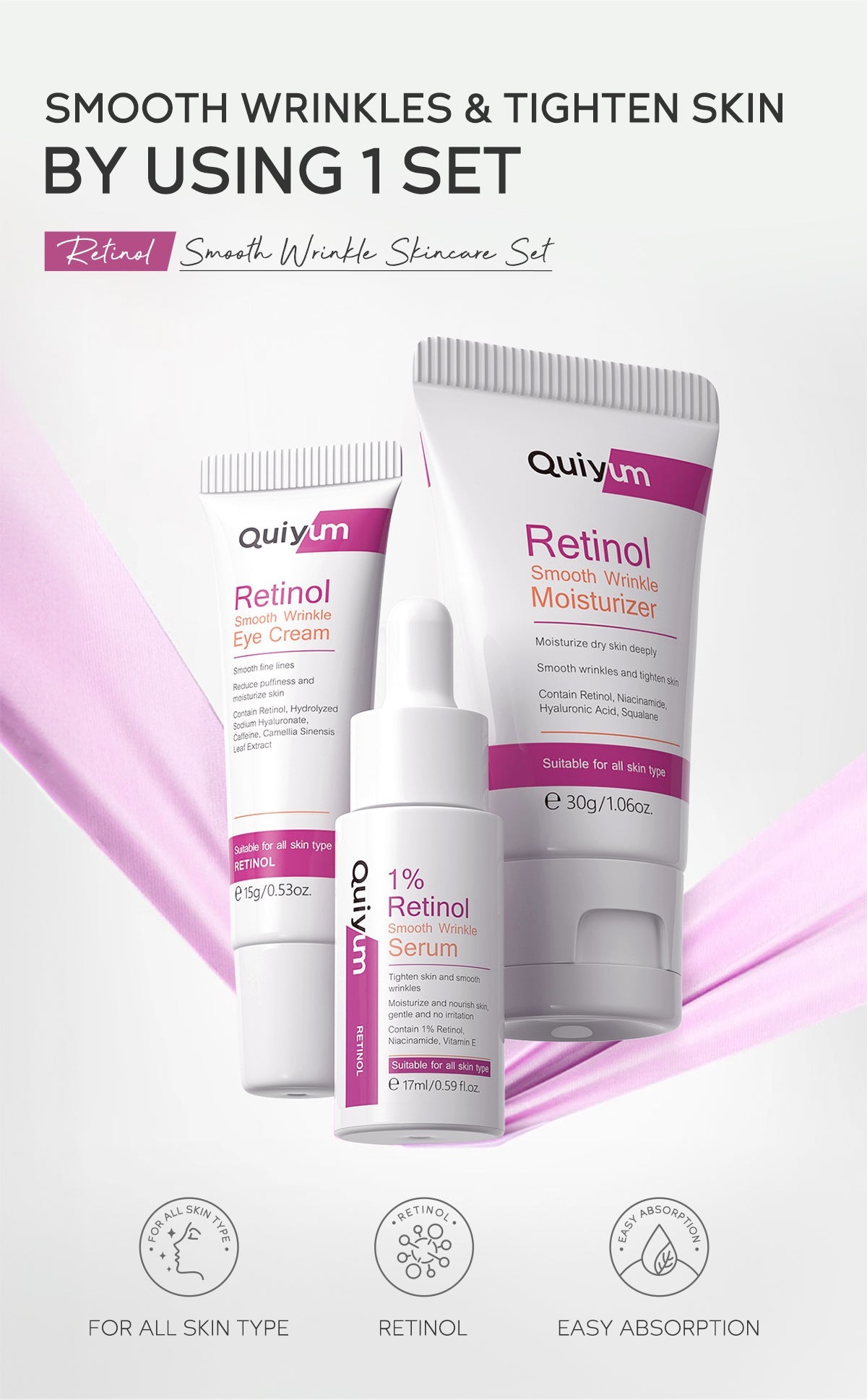 QUIYUM Retinol Smooth Wrinkle Skincare Set · For All Skin Types · Smooth Wrinkles & Fine Lines Improve Skin Elasticity & Radianc