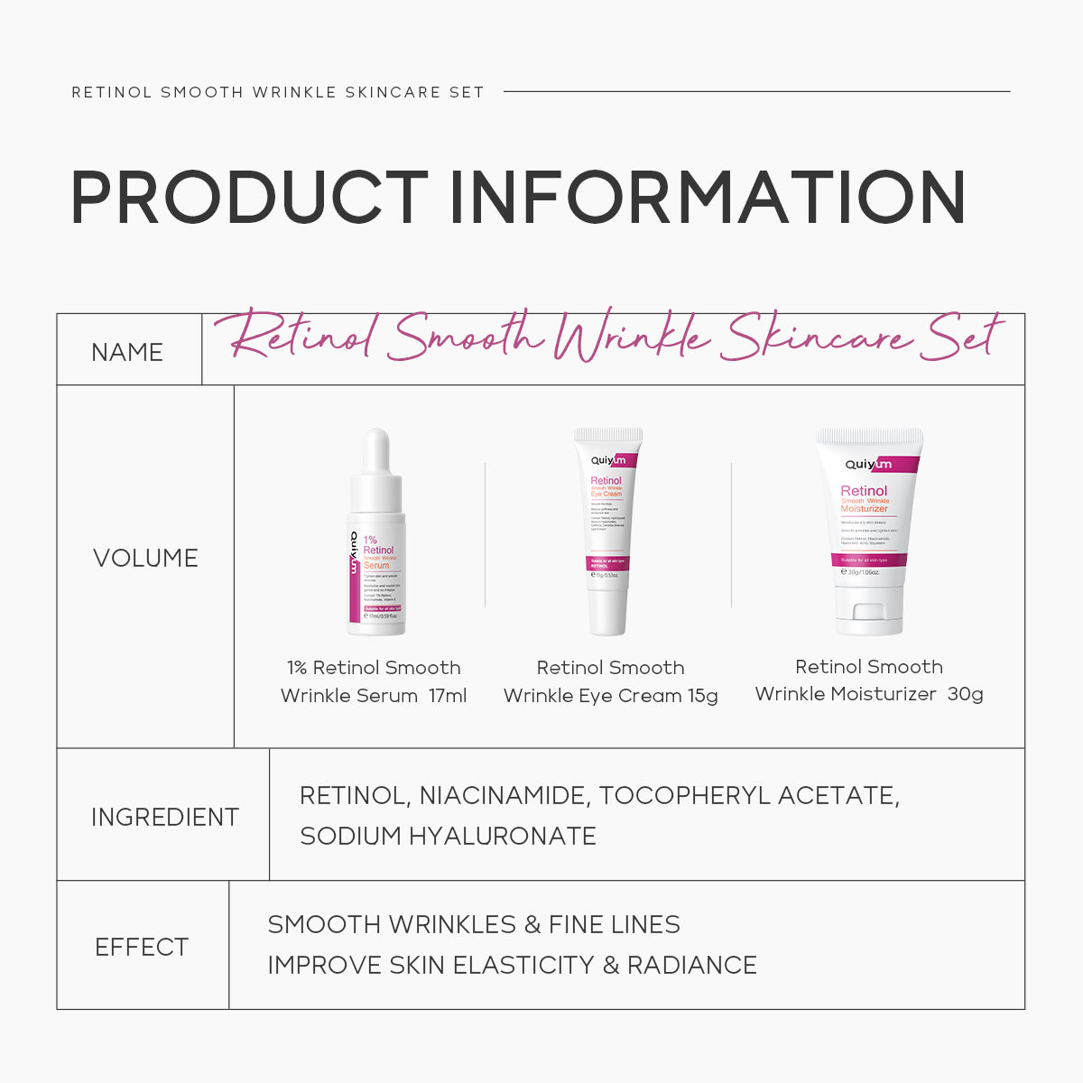QUIYUM Retinol Smooth Wrinkle Skincare Set · For All Skin Types · Smooth Wrinkles & Fine Lines Improve Skin Elasticity & Radianc