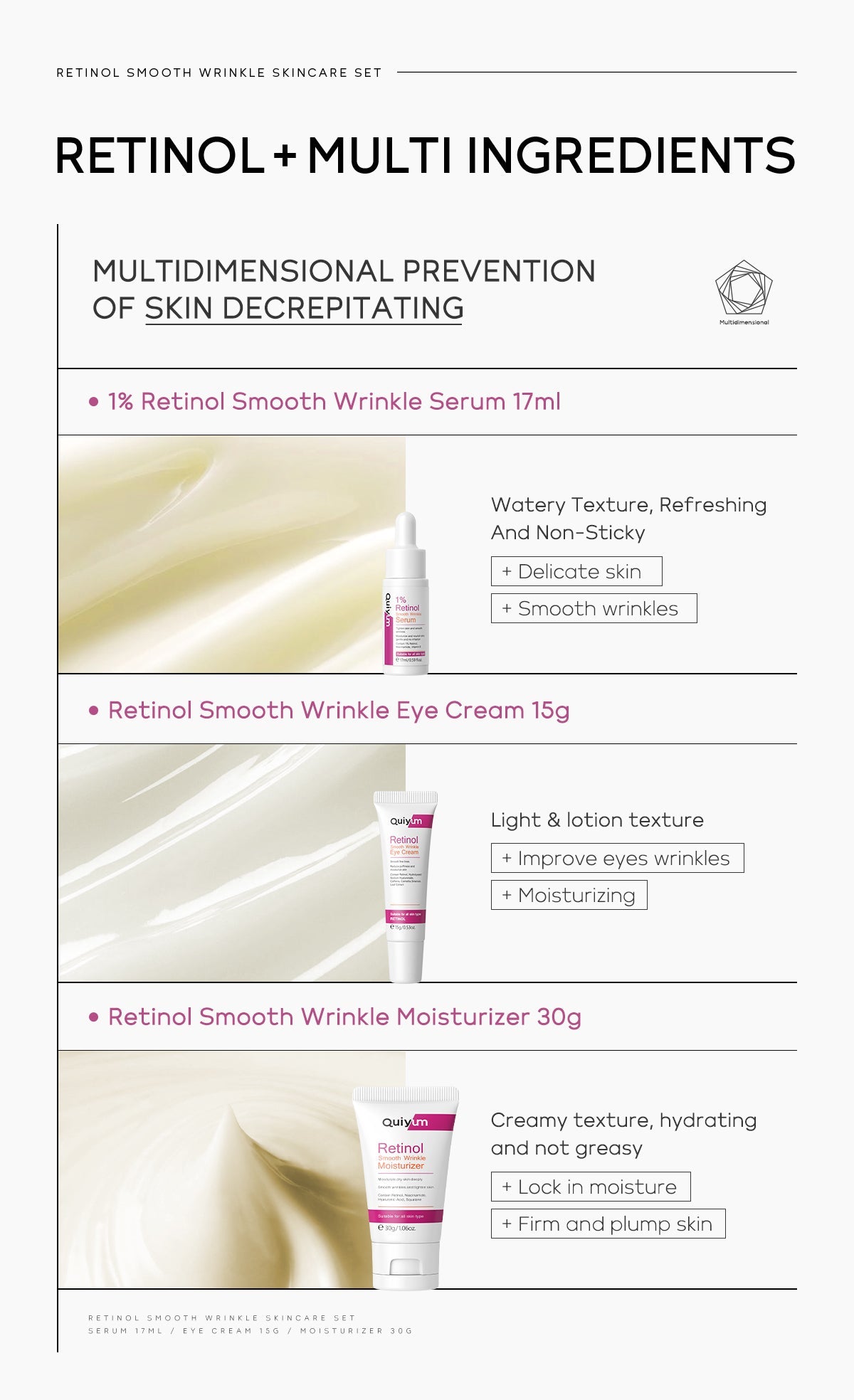 QUIYUM Retinol Smooth Wrinkle Skincare Set · For All Skin Types · Smooth Wrinkles & Fine Lines Improve Skin Elasticity & Radianc